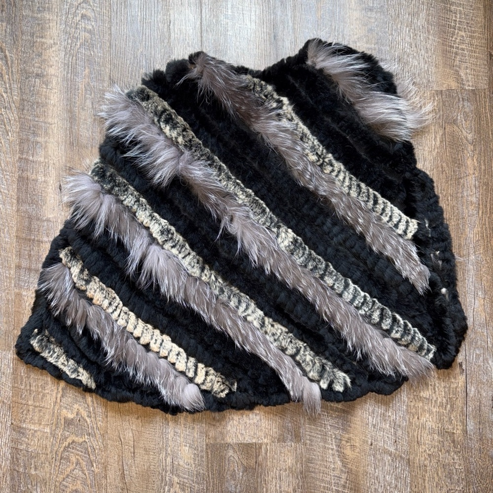 Genuine Silver Fox and Rabbit Fur Striped Poncho